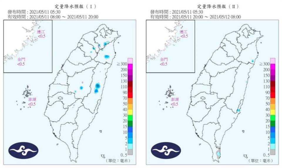 圖為定量降水預報，今天台灣幾乎無雨，這狀況至少持續到下周一、二。(翻攝自 氣象局)