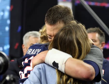 Feb 5, 2017; Houston, TX, USA; New England Patriots quarterback Tom Brady (12) hugs his wife Gisele Bundchen after beating the Atlanta Falcons during Super Bowl LI at NRG Stadium. Mandatory Credit: Matthew Emmons-USA TODAY Sports