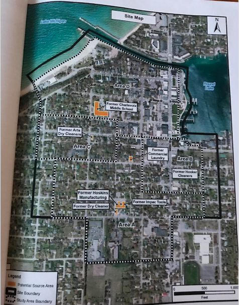 This map showing the Charlevoix Municipal Well Superfund Site was provided by the U.S. Environmental Protection Agency at a public meeting. The areas highlighted are potential source areas.