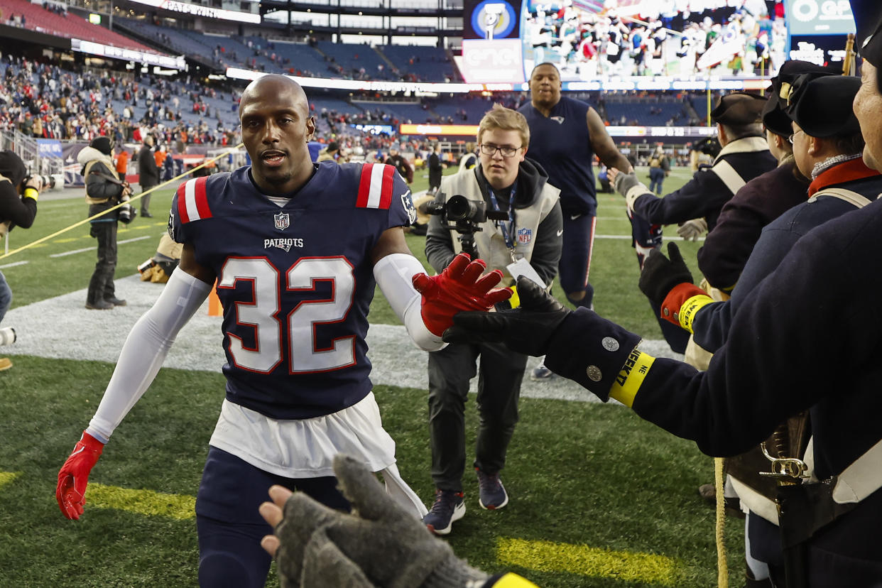 FOXBOROUGH, MASSACHUSETTS - JANUARY 01: Devin McCourty #32 of the New England Patriots leaves the field after their win over the Miami Dolphins in the last game of the season at Gillette Stadium on January 01, 2023 in Foxborough, Massachusetts. (Photo by Winslow Townson/Getty Images)
