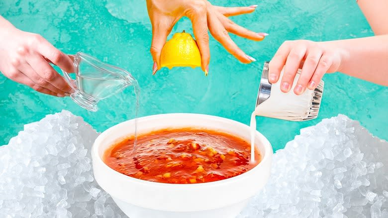 Hands pouring ingredients