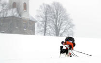 A man kisses his dog during a stage of the Sedivackuv Long dog sled race in Destne v Orlickych horach, Czech Republic, January 25, 2019. REUTERS/David W Cerny