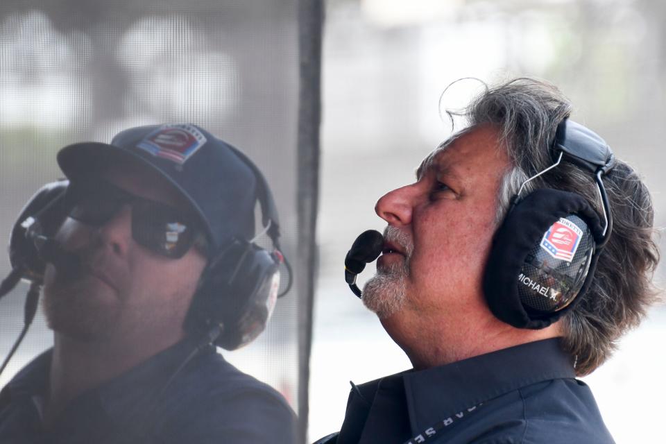 Michael Andretti stands in the pit box Friday, May 19, 2023, during Fast Friday ahead of the 107th running of the Indianapolis 500 at Indianapolis Motor Speedway. 