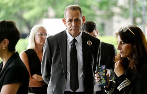 PHOTO: The family of Palestinian-American journalist Shireen Abu Akleh, including her brother Tony Abu Akleh (C), stands outside the State Department in Washington, D.C, on July 26, 2022, after meeting with US Secretary of State Antony Blinken. (Olivier Douliery/AFP via Getty Images)