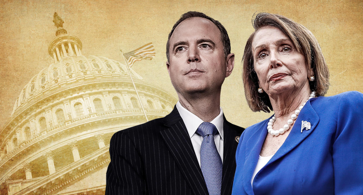 House Intel Chair Adam Schiff and House Speaker Nancy Pelosi. (Yahoo News photo illustration; photos: AP, Getty Images)