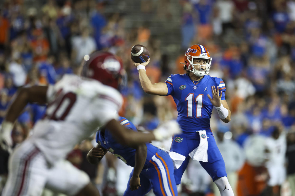 GAINESVILLE, FLORIDA - NOVEMBER 12: Jalen Kitna #11 of the Florida Gators throws a pass during the second half of a game against the South Carolina Gamecocks at Ben Hill Griffin Stadium on November 12, 2022 in Gainesville, Florida. (Photo by James Gilbert/Getty Images)