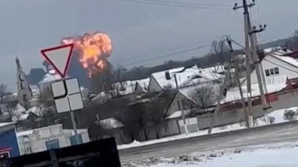 PHOTO: A Russian military transport plane crashes near Yablonovo, Belgorod region, Russia, Jan. 24, 2024, in this screen grab from a social media video obtained by Reuters. (Video Obtained By Reuters/via Reuters)