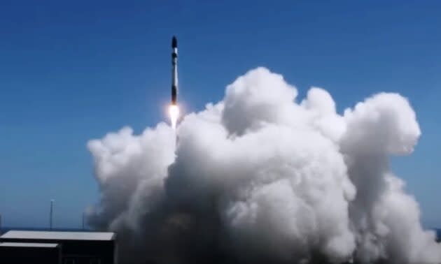 Rocket Lab’s Electron launch vehicle rises from its New Zealand launch pad. (Rocket Lab via YouTube)