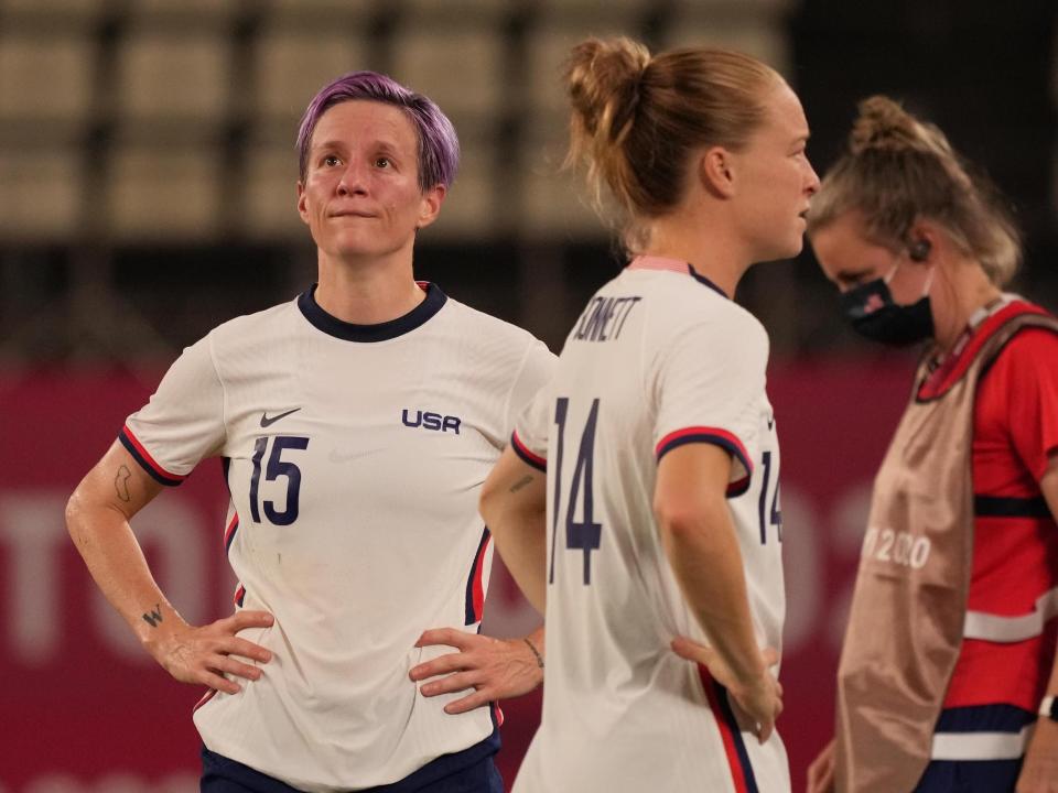 Megan Rapinoe reacts to the USWNT's loss to Canada at the Tokyo Olympics.