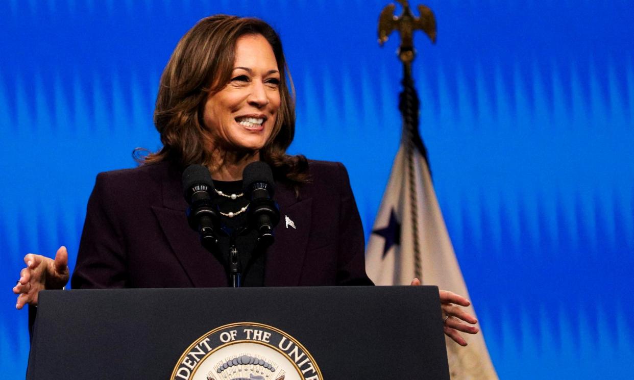 <span>Kamala Harris delivers the keynote speech at the American Federation of Teachers convention in Houston, Texas, on 25 July.</span><span>Photograph: Kaylee Greenlee Beal/Reuters</span>