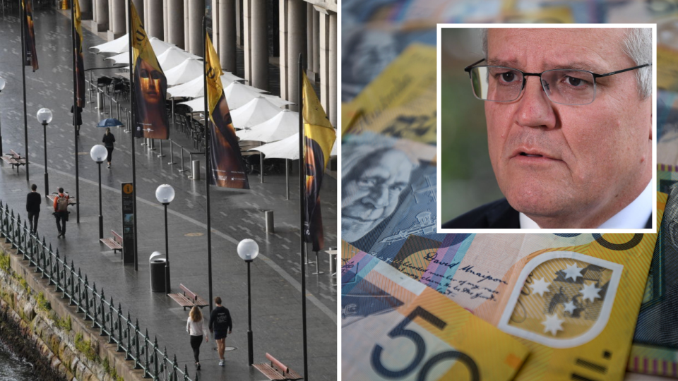 Empty Circular Quay in Sydney due to lockdown, close up of Australian cash, Prime Minister Scott Morrison. 