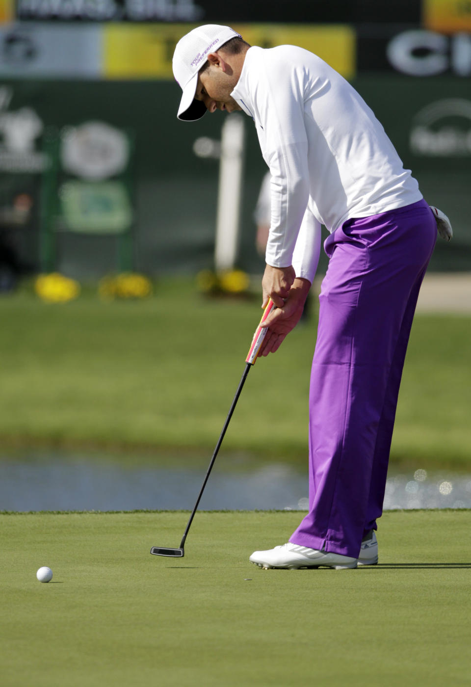 Sergio Garcia putts for par on the 18th hole during the second round of the Houston Open golf tournament, Friday, April 4, 2014, in Humble, Texas. (AP Photo/Patric Schneider)