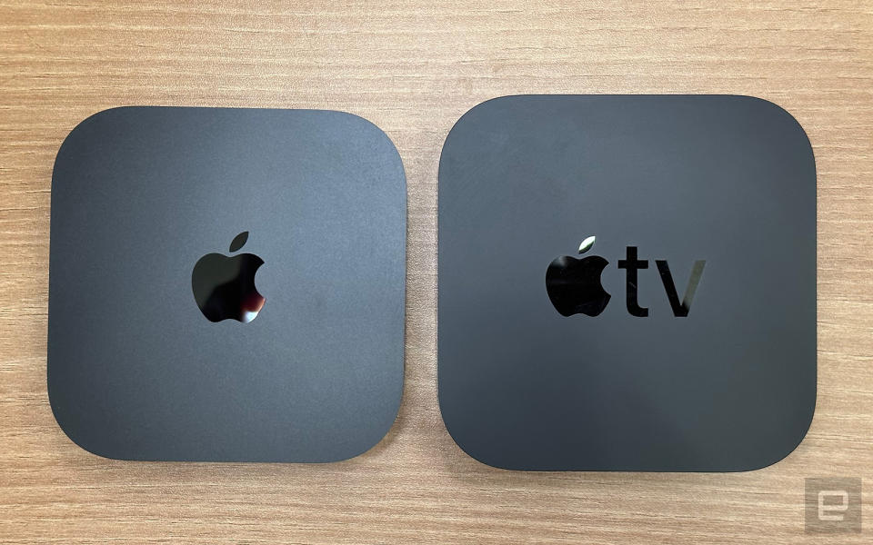 左方的 Apple TV 4K（2022 年高配版）較前代（右）在體積減少了 20%。