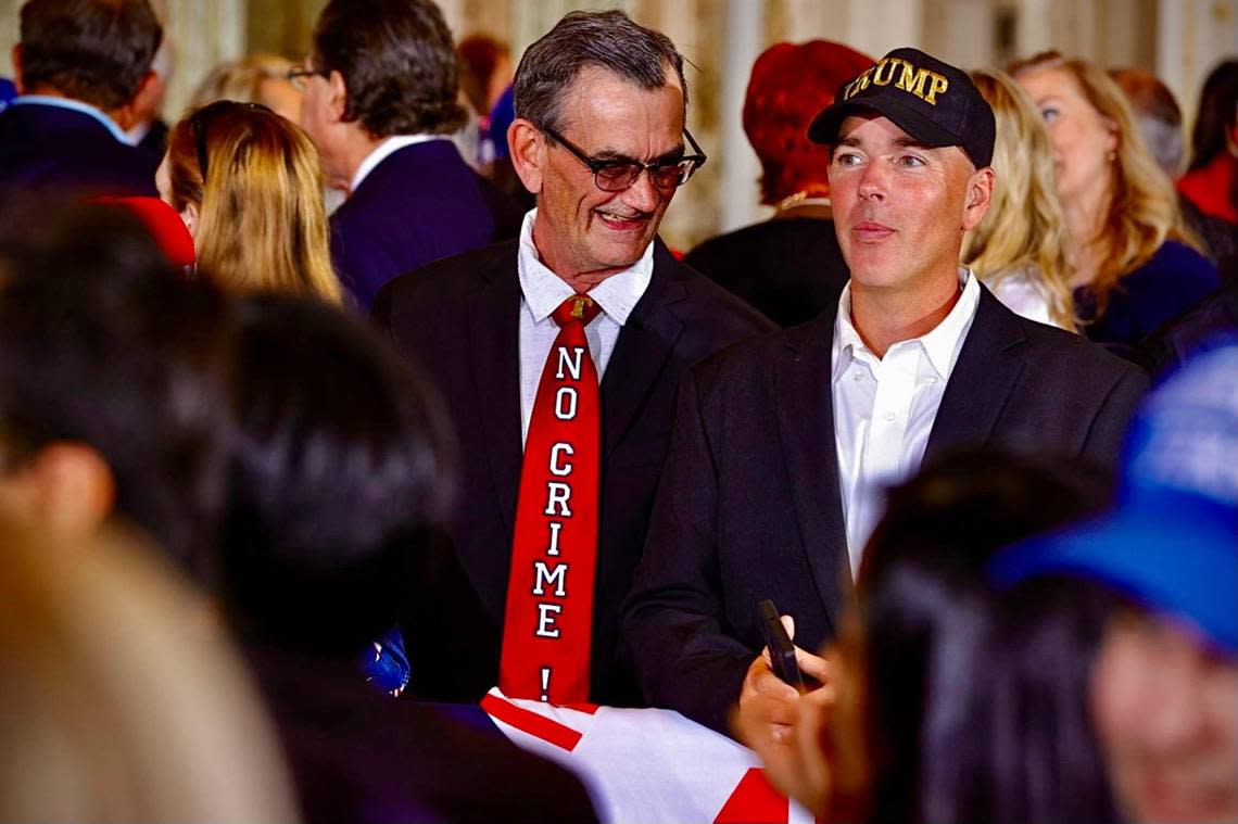 Supporters of former President Donald J. Trump wait for his arrival at his Mar-a-Lago in Palm Beach, Florida, where he spoke later in the evening on Tuesday April 04, 2023. Trump was arraigned earlier in New York City on charges related to his role in an alleged scandal stemming from hush money payments made to the pornographic film actress Stormy Daniels prior to the 2016 U.S. presidential election.