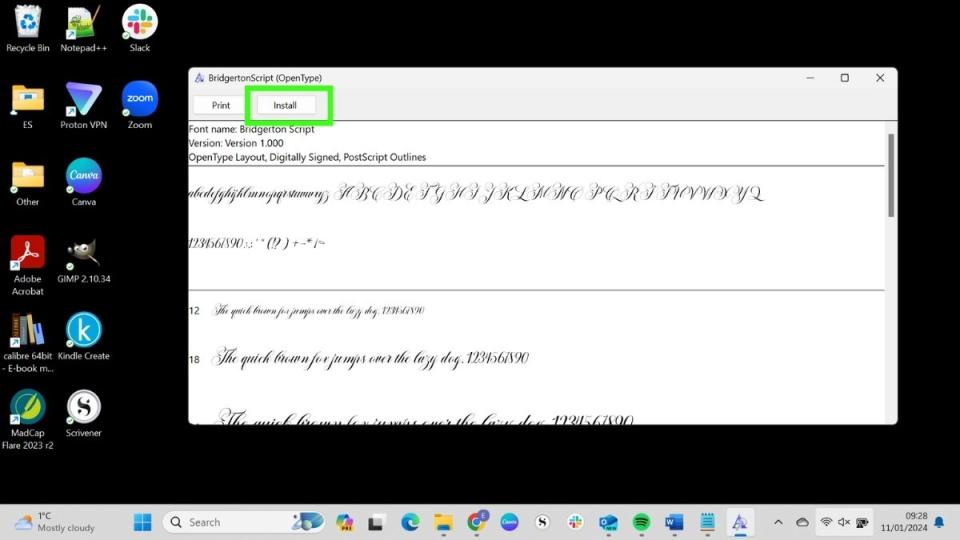 Screenshot showing how to install fonts - Install font