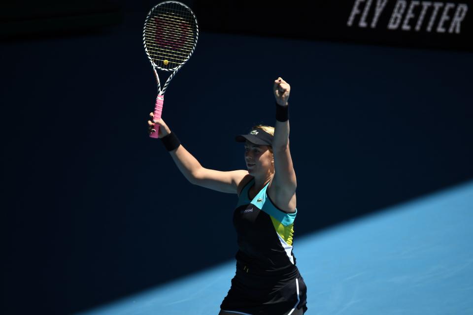 Russia's Anastasia Pavlyuchenkova celebrates after a victory against Czech Republic's Karolina Pliskova during their women's singles match on day six of the Australian Open. (Photo by Manan Vatsyayana/AFP/Getty Images)