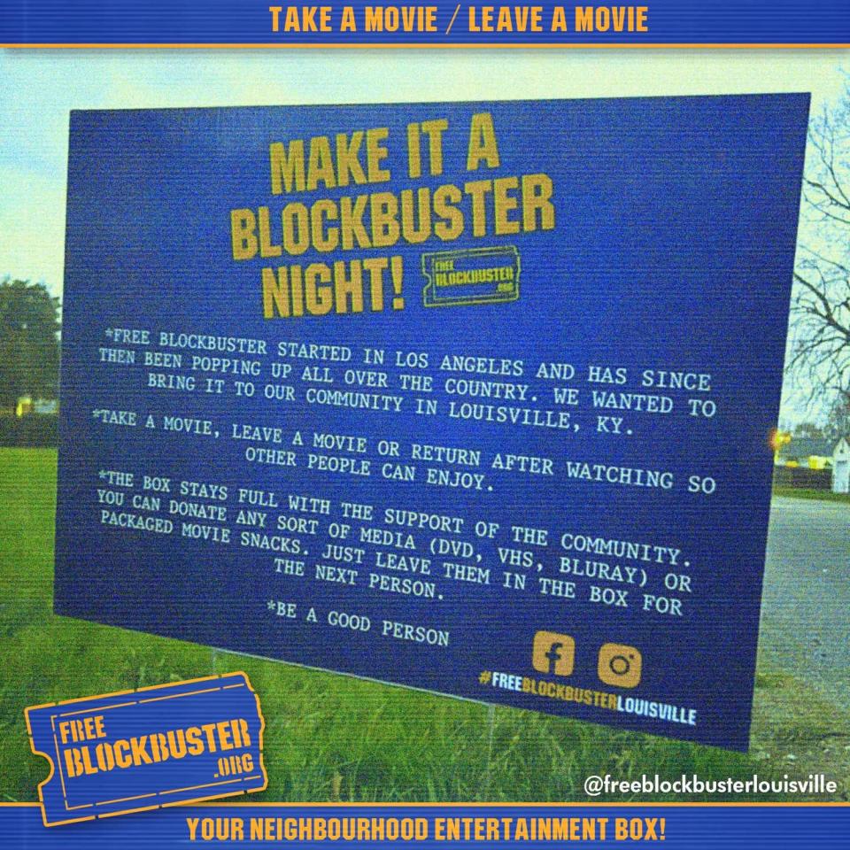 The Free Blockbuster Louisville sign explaining how the stand works.