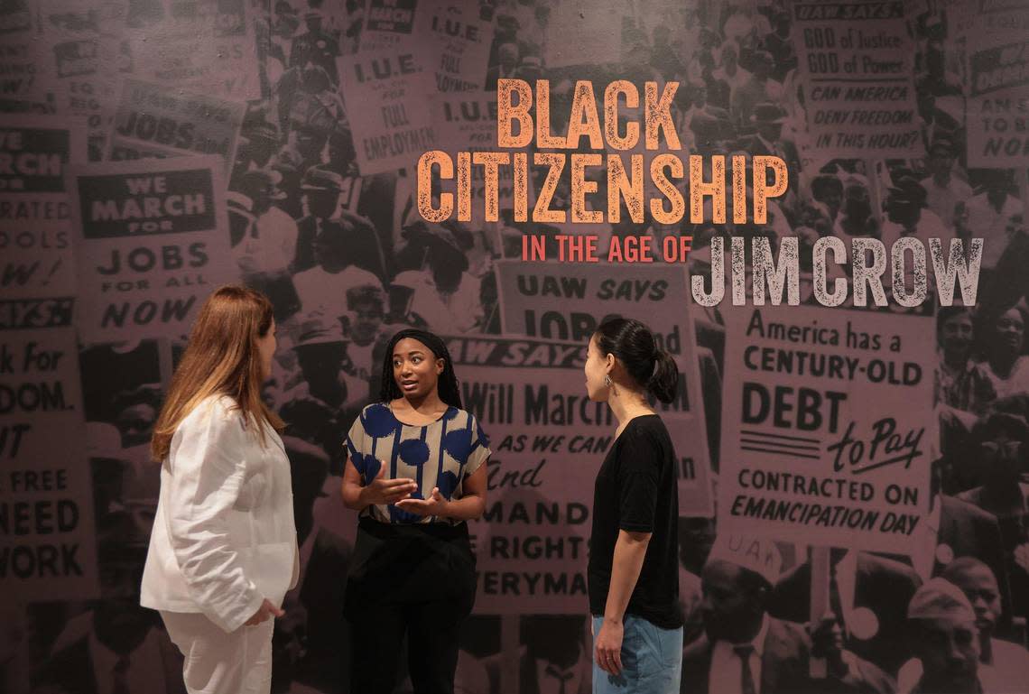 On Wednesday, October 12, 2022 HistoryMIami Museum Executive Dir. Natalia Crujeiras engage in a conversation with Anita Francios, the museum’s assistant curator, center, and Lily Wong, curator at the New-York Historical Society, right, prior taking a final tour of HistoryMiami’s newest exhibition Black Citizenship in the Age of Jim Crow. Black Citizenship in the Age of Jim Crow, organized by the New-York Historical Society, explores the struggle for full citizenship and racial equality that unfolded in the 50 years after the Civil War. HistoryMiami Museum curated Stories of Resistance from Black Miami, an oral history project co-created by the museum and individuals involved in past and contemporary movements.