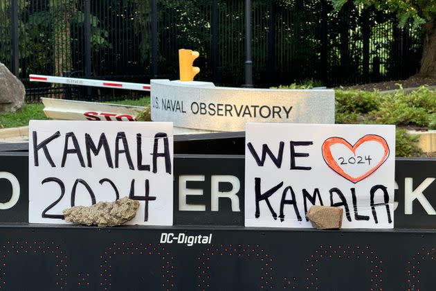 Signs supporting Vice President Kamala Harris, posted outside her home at the U.S. Naval Observatory in Washington, D.C., are a small sign of what Democrats say is renewed energy in the party.