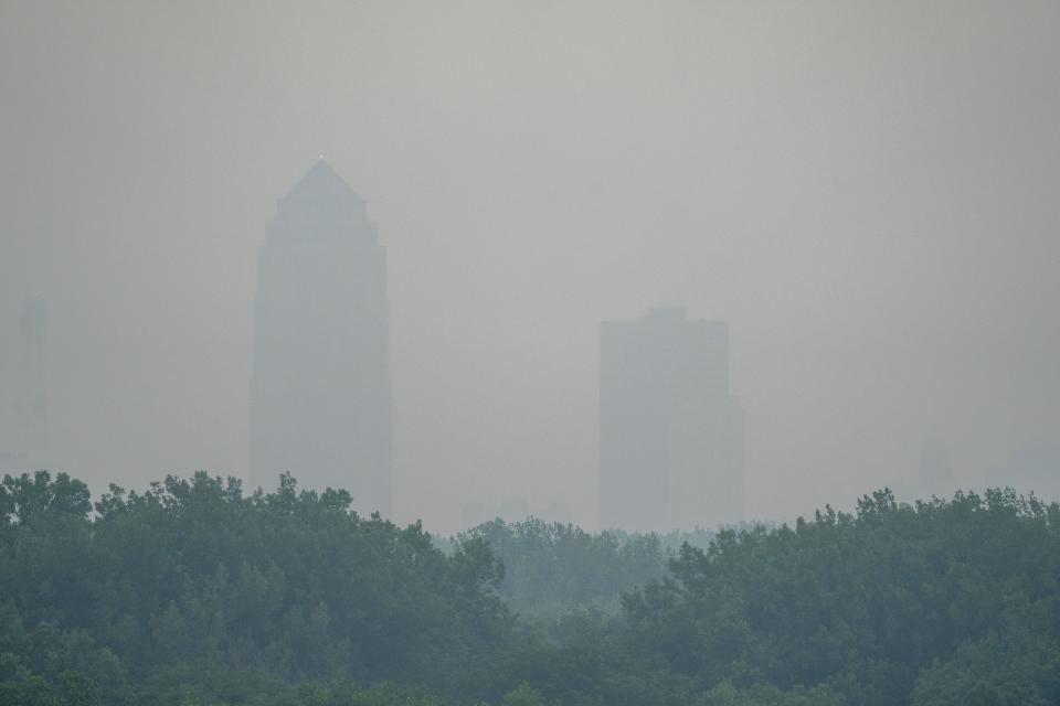 A smoky haze surrounds downtown Des Moines.