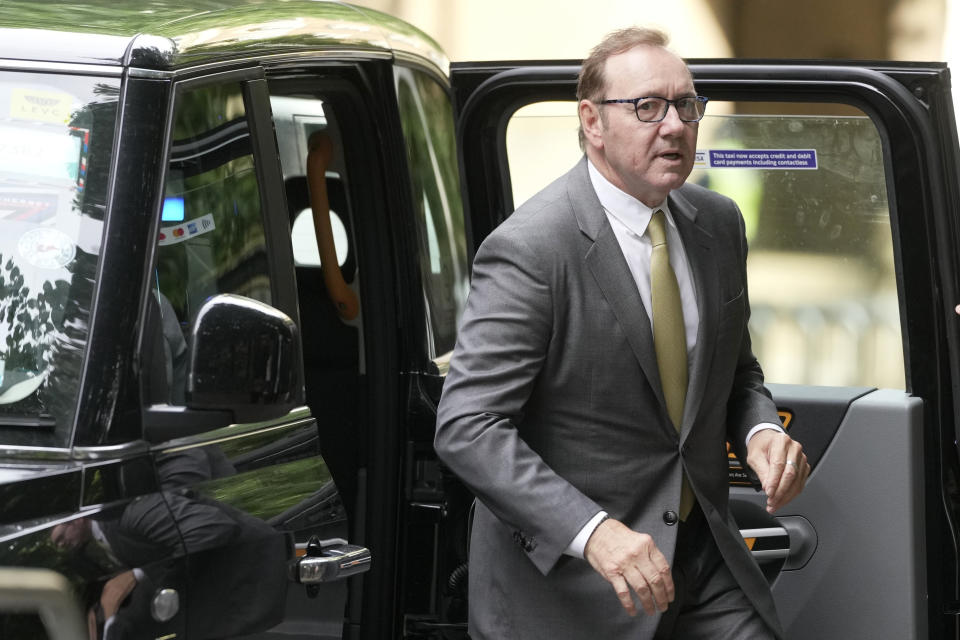 Actor Kevin Spacey arrives at Southwark Crown Court in London, Friday, June 30, 2023. Spacey is going on trial on charges he sexually assaulted four men as long as two decades ago. The double-Oscar winner faces a dozen charges at Southwark Crown Court. Spacey pleads not guilty to all charges. (AP Photo/Kin Cheung)