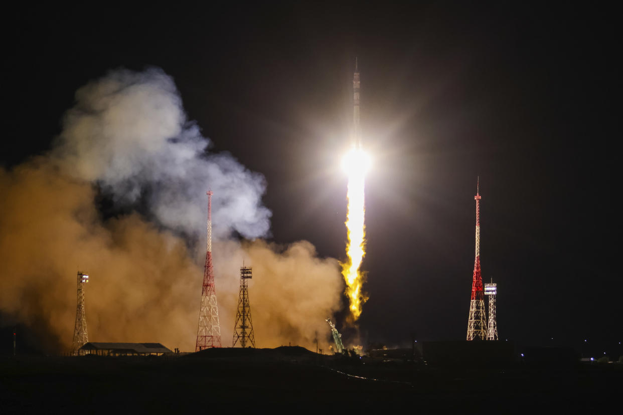 In this photo released by Roscosmos space corporation, the Soyuz-2.1 rocket booster with Soyuz MS-26 space ship carrying Roscosmos cosmonauts Alexey Ovchinin, Ivan Vagner and NASA astronaut Don Pettit, a new crew to the International Space Station, ISS, blasts off in the Russian leased Baikonur cosmodrome, Kazakhstan, Wednesday, Sept. 11, 2024. (Ivan Timoshenko, Roscosmos space corporation, via AP)