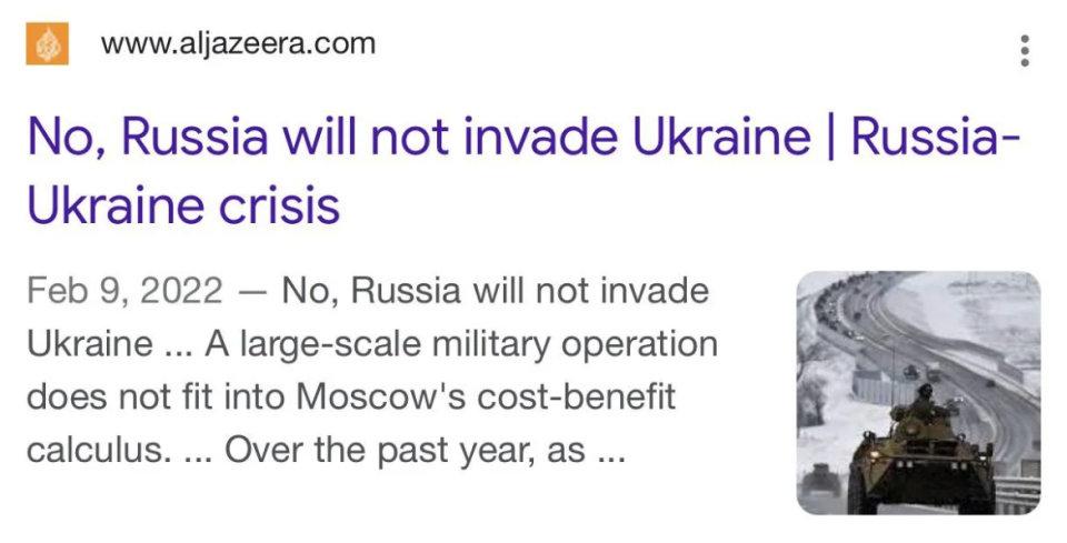 Screen capture of an article titled "No, Russia will not invade Ukraine | Russia-Ukraine crisis" showing a tank on a road