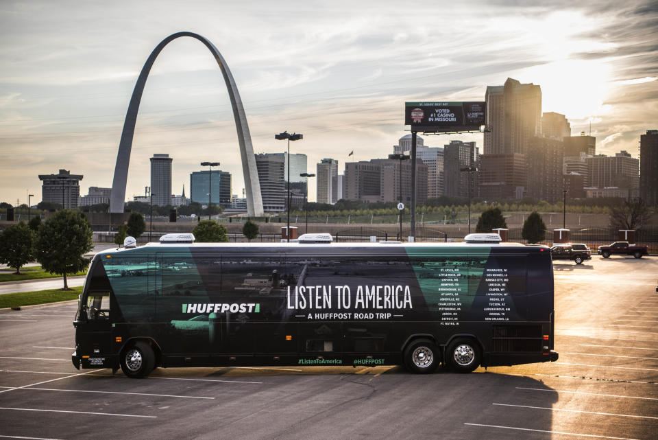 The HuffPost bus can be seen with the Gateway Arch in the background in Illinois on Sept. 11 as "Listen to America: A HuffPost Road Trip" kicks off. The bus&nbsp;will visit more than 20 cities on our&nbsp;tour across the country.