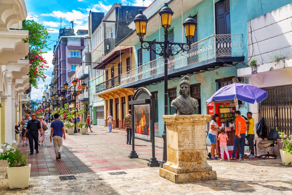 Santo Domingo, Dominican Republic - March, 2020: Statue of Bartholomew Columbus on Calle el Conde street in the colonial city center of Santo Domingo, Dominican Republic.