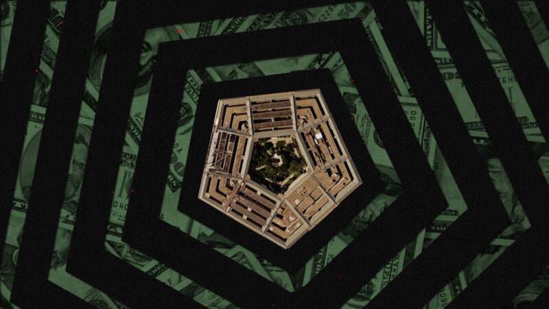 An aerial view of the Pentagon against a backdrop of U.S. currency.