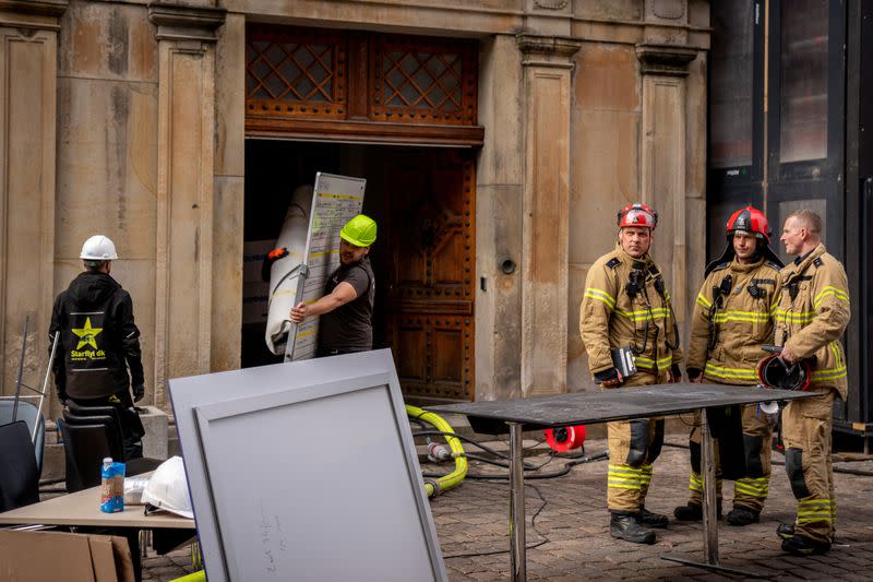 Aftermath of the fire at the Old Stock Exchange building, in Copenhagen