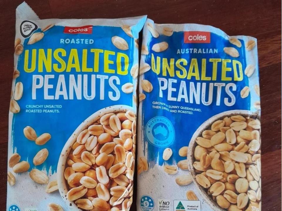 Coles customers have expressed their outrage that a popular home brand product has been ditched for an imported one. Coles once boasted that its Australian unsalted peanuts were grown in sunny Queensland, now they're being imported from Vietnam. Picture: Reddit