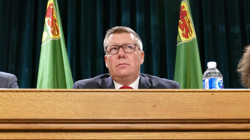 Saskatchewan Premier Scott Moe looks towards the media during a press conference on Bill 137 on Oct. 20, 2023.