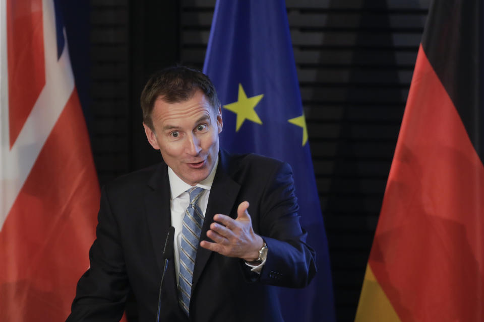 British Foreign Secretary Jeremy Hunt delivers a speech about Britain and Europe at the Konrad-Adenauer-Foundation in Berlin, Germany, Wednesday, Feb. 20, 2019. (AP Photo/Markus Schreiber)