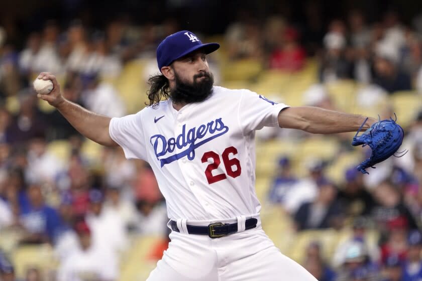 Los Angeles Dodgers starting pitcher Tony Gonsolin throws to the plate during the first inning of a baseball game against the Los Angeles Angels Tuesday, June 14, 2022, in Los Angeles. (AP Photo/Mark J. Terrill)