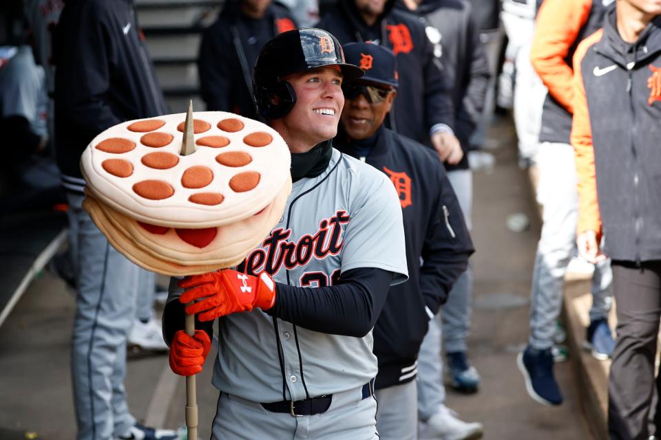 Detroit Tigers outfielder Kerry Carpenter celebrates his home run in Chicago on March 31, 2024.