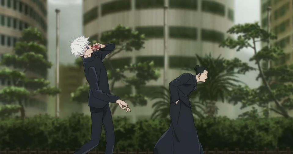 jujutsu kaisen season two trailer image showing younger versions gojo and geto walking down a street together