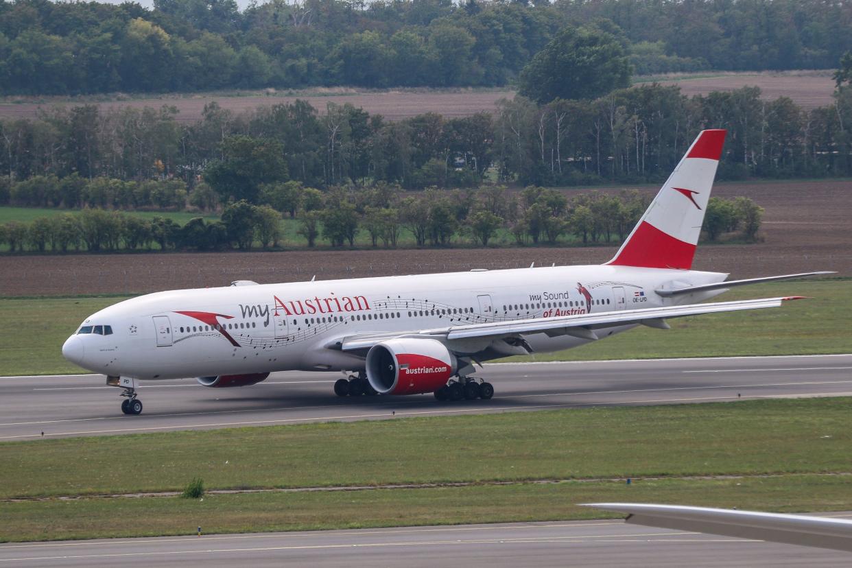 Austrian Airlines Boing 777-200 at Airport Vienna on February 13, 2020 in Schwechat, Austria.