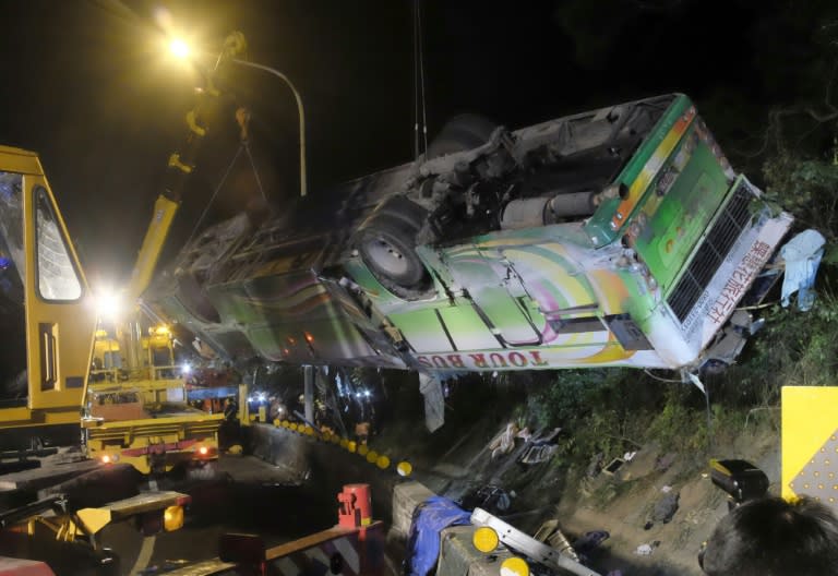 A group of tourists had been returning from a trip to see cherry blossoms at a farm in Taiwan in February when their bus veered off a highway on the outskirts of capital Taipei