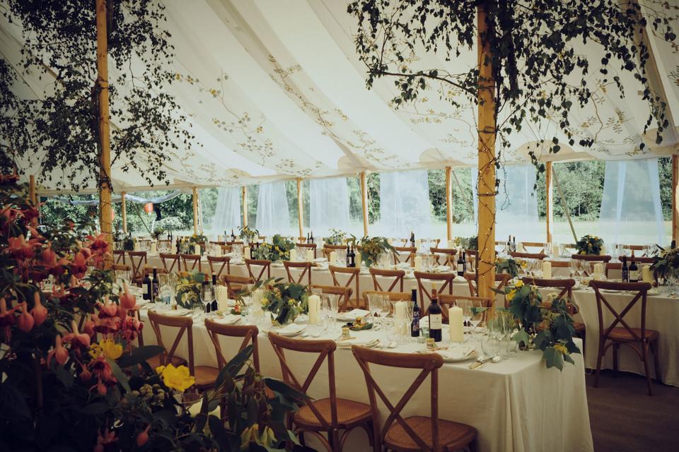 Hand-painted de Gournay organza was draped from the ceiling of the marquee, painted in an exquisite Chinoiserie motif. It created such a romantic feel with the light pouring in and the panels billowing in the breeze.