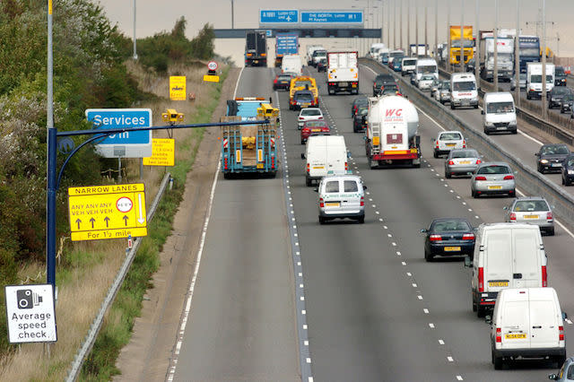 File photo dated 09/10/06 of Average Speed Cameras monitoring heavy congestion on the South bound carriageway of the M1 motorway, as faster speed limits beside motorway roadworks are being trialled to beat delays while routes are improved and repaired.