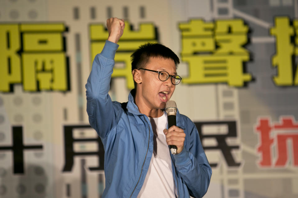 TAIPEI, TAIWAN - OCTOBER 01:  The leader of Sunflower movement, Lin Fei-fan, delivers a speech during a protest in front of  Liberty Square to show support for Hong Kong pro democracy rallies on October 1, 2014 in Taipei, Taiwan. Thousands of pro democracy supporters continue to occupy the streets surrounding Hong Kong's Financial district. Protest leaders have set an October 1st deadline for their demands to be met and are calling for open elections and the resignation of Hong Kong's Chief Executive Leung Chun-ying.  (Photo by Ashley Pon/Getty Images)