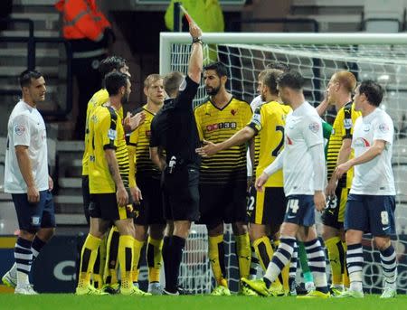 Football - Preston North End v Watford - Capital One Cup Second Round - Deepdale - 25/8/15 Watford's Miguel Britos is shown a red card Mandatory Credit: Action Images / Paul Burrows Livepic
