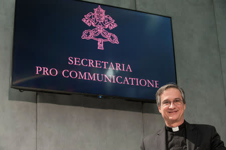 Italian head of the Vatican communications department Dario Vigano poses during the presentation of the message of Pope Francis for the 51st World Communications Day, in the press room of the Holy See at the Vatican, January 24, 2017. Picture taken January 24, 2017. REUTERS/Stringer NO RESALES. NO ARCHIVE.