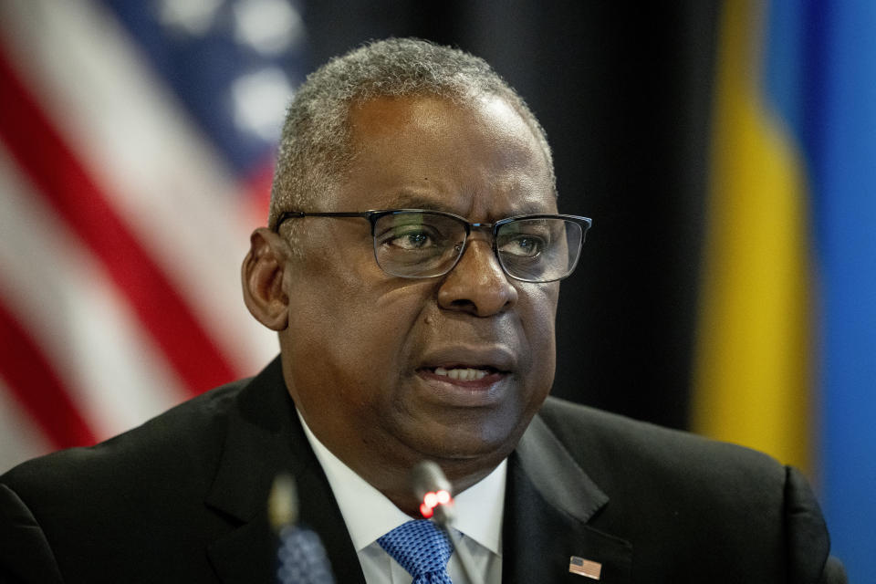 US Defense Secretary Lloyd Austin attends the meeting of the 'Ukraine Defense Contact Group' at Ramstein Air Base in Ramstein, Germany, Tuesday, Sept. 19, 2023. (AP Photo/Michael Probst)