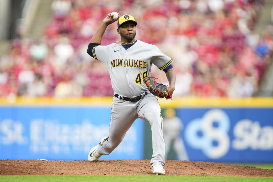 Milwaukee Brewers' Julio Teheran throws during the second inning of a baseball game against the Cincinnati Reds in Cincinnati, Monday, June 5, 2023. (AP Photo/Aaron Doster)
