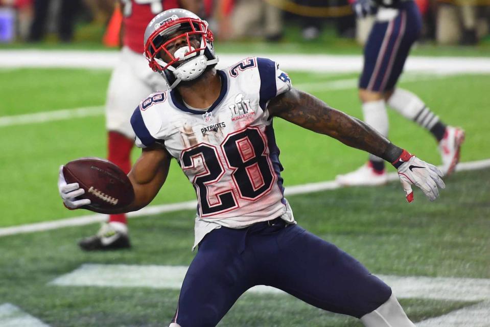 Feb 5, 2017; Houston, TX, USA; New England Patriots running back James White (28) celebrates a touchdown during the fourth quarter against the Atlanta Falcons during Super Bowl LI at NRG Stadium. Mandatory Credit: Bob Donnan-USA TODAY Sports