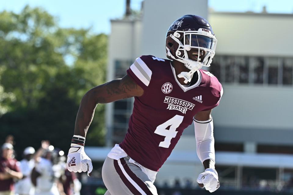 Caleb Ducking reacts after a touchdown against Texas A&M in the 2022 season.