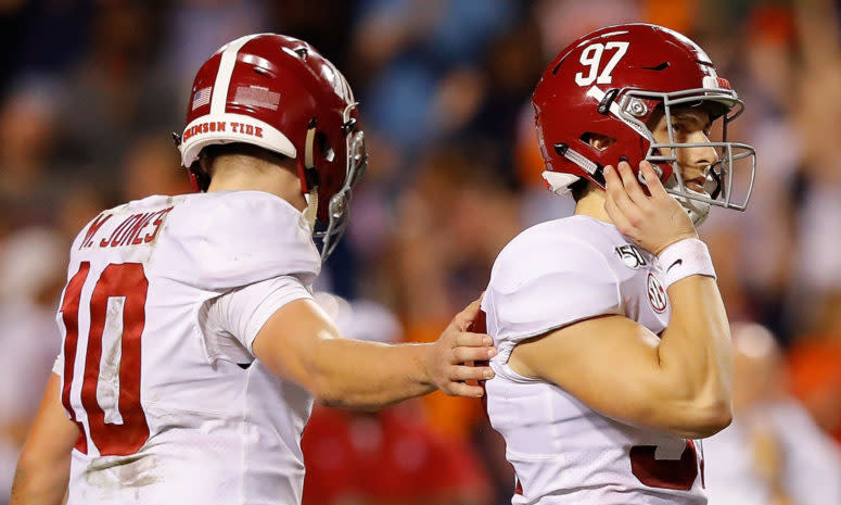 Alabama kicker Joseph Bulovas misses a kick against Auburn.