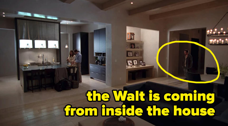 A rich couple prepare dinner in their kitchen and don't notice Walt, who broke in, standing on the other end of a massive open-floor plan, and the caption says "the Walt is coming from inside the house"